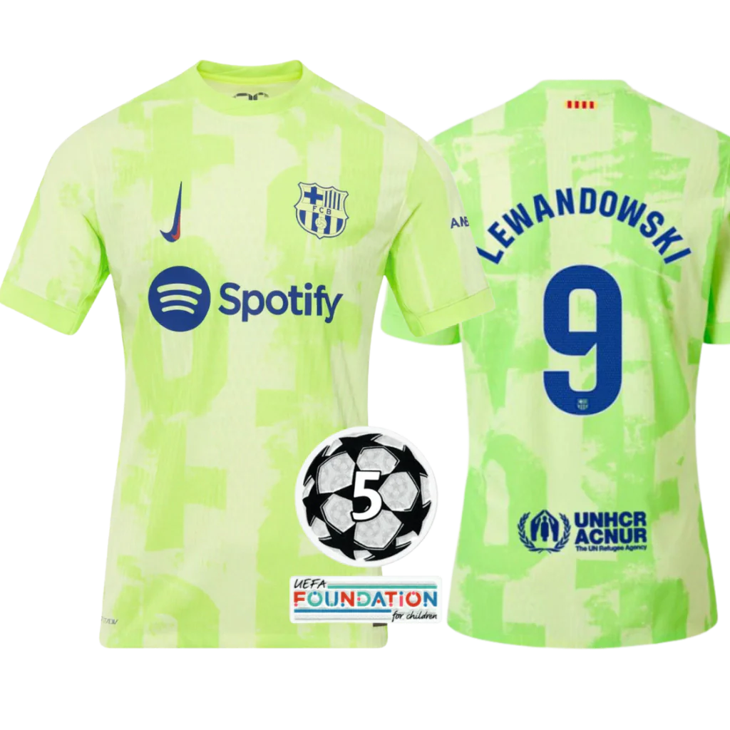 Camisa Barcelona Third 24/25 Versão Jogador #Lewandowski 9 com Patch Champions League Nike Masculino - Verde