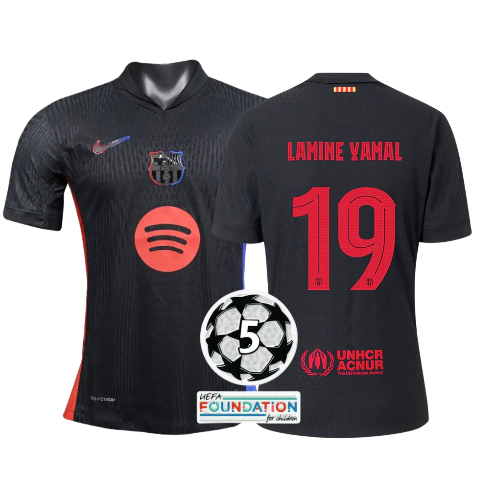 Camisa Barcelona Away 24/25 Versão Jogador #Lamine Yamal 19 com Patch Champions League Nike Masculino - Preto