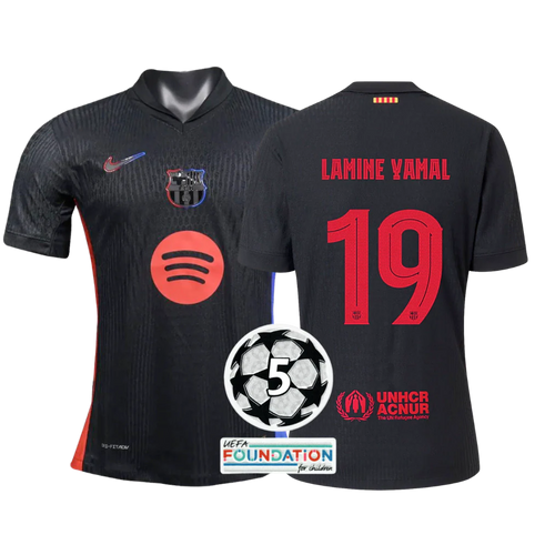 Camisa Barcelona Away 24/25 Versão Jogador #Lamine Yamal 19 com Patch Champions League Nike Masculino - Preto